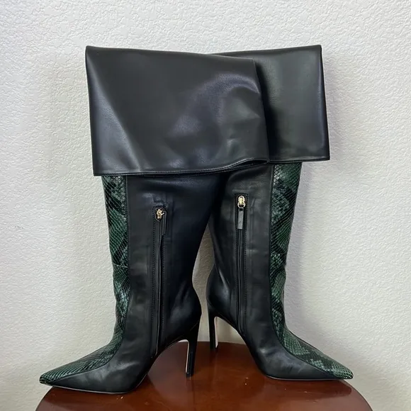 Good American Koko Black Green Snakeskin Animal Print Over The Knee Boot Size 5