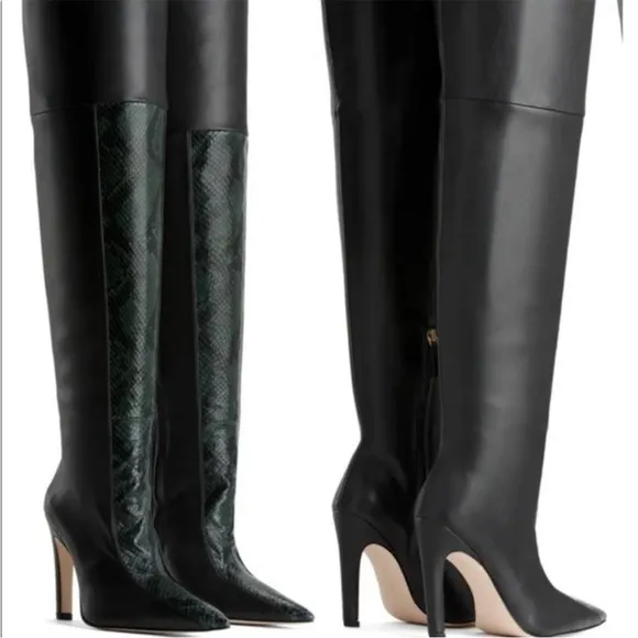 Good American Koko Black Green Snakeskin Animal Print Over The Knee Boot Size 5