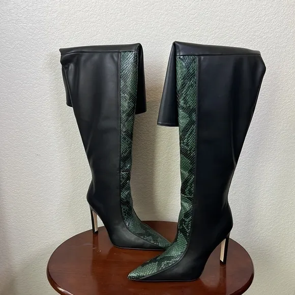 Good American Koko Black Green Snakeskin Animal Print Over The Knee Boot Size 5
