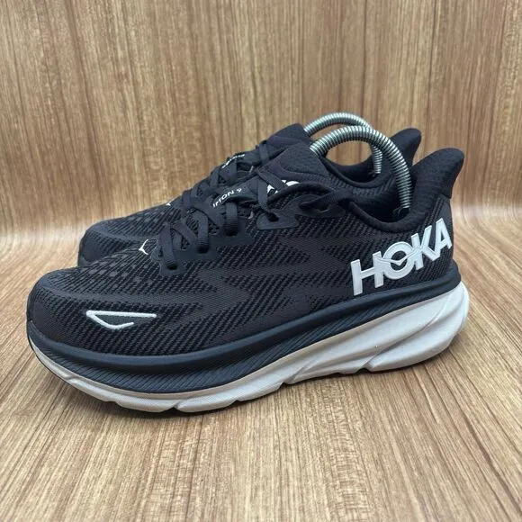 Hoka Clifton 9 Shoes Black White Daily Road Jogging Support Men Size 7 (2E) Wide