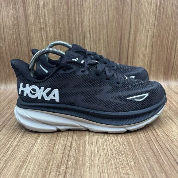 Hoka Clifton 9 Shoes Black White Daily Road Jogging Support Men Size 7 (2E) Wide