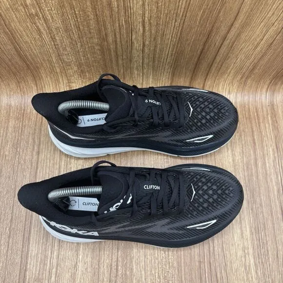 Hoka Clifton 9 Shoes Black White Daily Road Jogging Support Men Size 7 (2E) Wide
