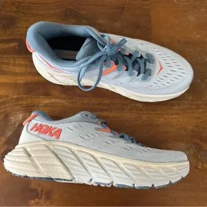 Hoka Gaviota 4 Athletic Shoes in Light Blue Gray and Coral ladies 9B NWOB