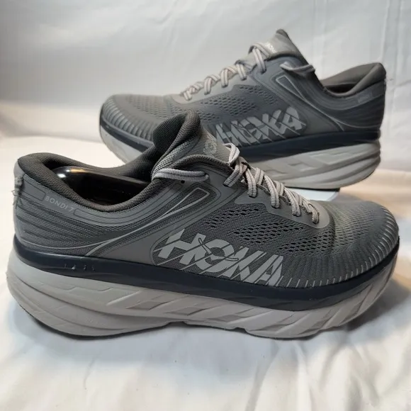 Hoka One One Bondi 7 Men 10.5 Sharkskin Gray Running Shoes Cushioned Trainer