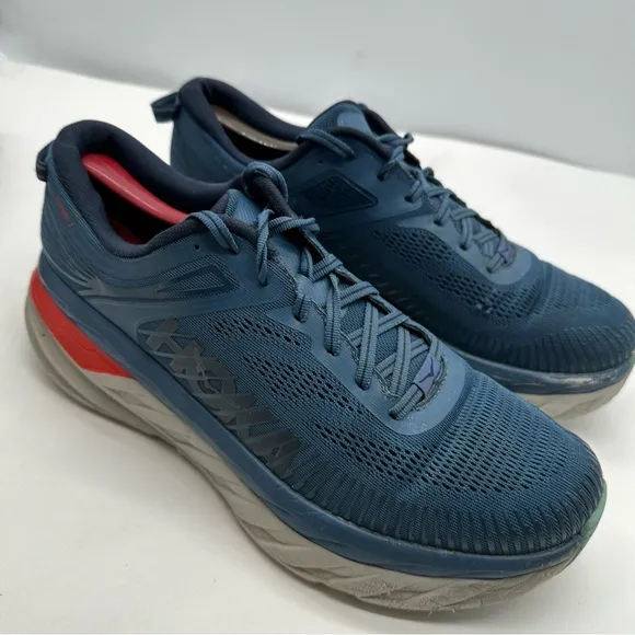 Hoka One One Mens 11 Bondi 7 Running Shoes Sneakers Blue/Red Road Gym Low