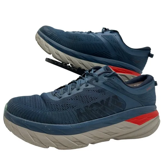 Hoka One One Mens 11 Bondi 7 Running Shoes Sneakers Blue/Red Road Gym Low