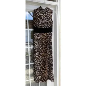 Leopard Long Dress Vintage Women's Mock Neck Sleeveless Animal Print XSmall