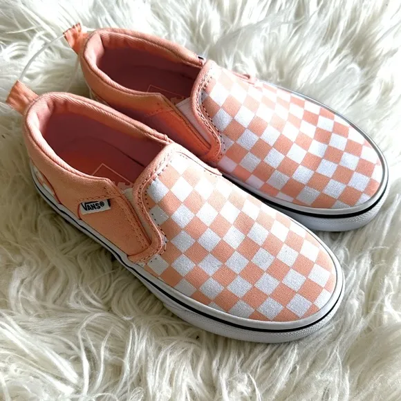 🍑🧡🐹LITTLE KID VANS checker board- Tropical Light Peach Pink slip ons 🍑🧡🐹