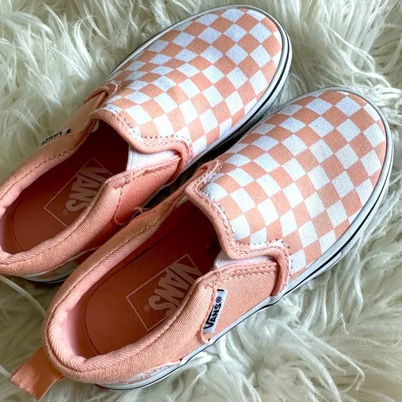 🍑🧡🐹LITTLE KID VANS checker board- Tropical Light Peach Pink slip ons 🍑🧡🐹