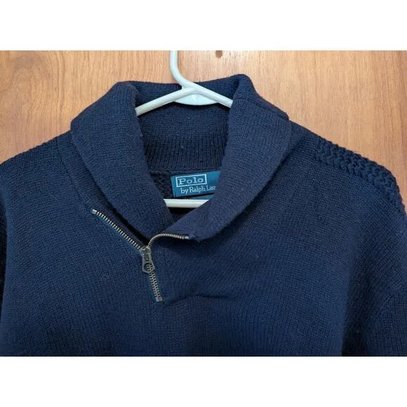 Men's Polo Ralph Lauren 100% Lamb's Wool Black LS 1/4 Zip Shawl Sweater XL