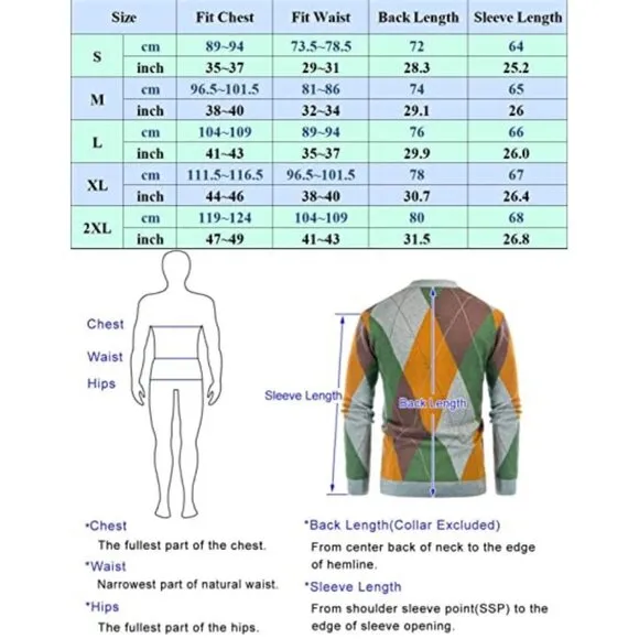 Men's V Neck Argyle Cardigan Sweater Contrast Knitwear with Pockets