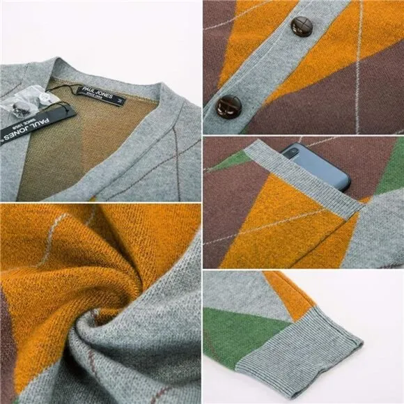Men's V Neck Argyle Cardigan Sweater Contrast Knitwear with Pockets
