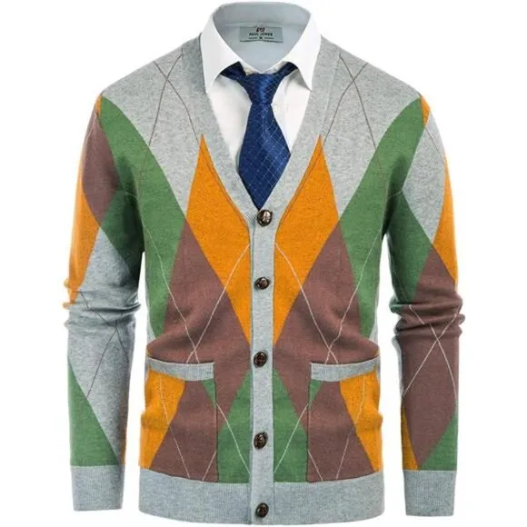 Men's V Neck Argyle Cardigan Sweater Contrast Knitwear with Pockets
