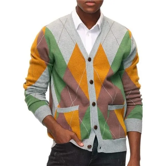 Men's V Neck Argyle Cardigan Sweater Contrast Knitwear with Pockets