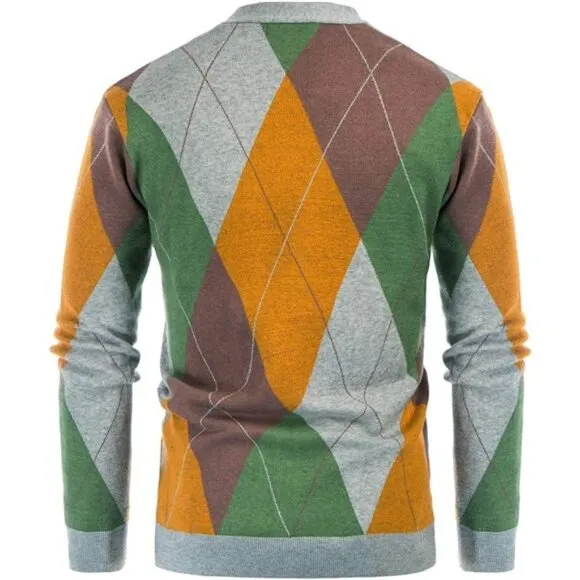 Men's V Neck Argyle Cardigan Sweater Contrast Knitwear with Pockets