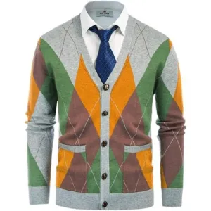Men's V Neck Argyle Cardigan Sweater Contrast Knitwear with Pockets