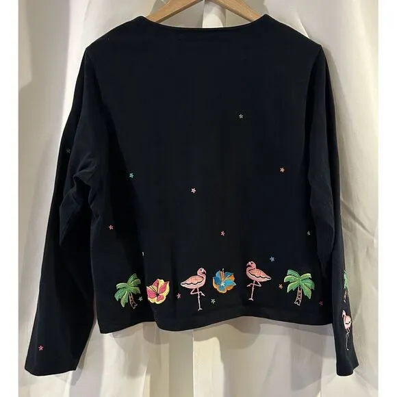 Michael Simon Sweater Womens XL Flamingo‎ Palm Tropical Embroidered Cardigan