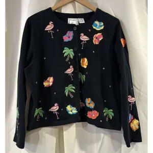 Michael Simon Sweater Womens XL Flamingo‎ Palm Tropical Embroidered Cardigan