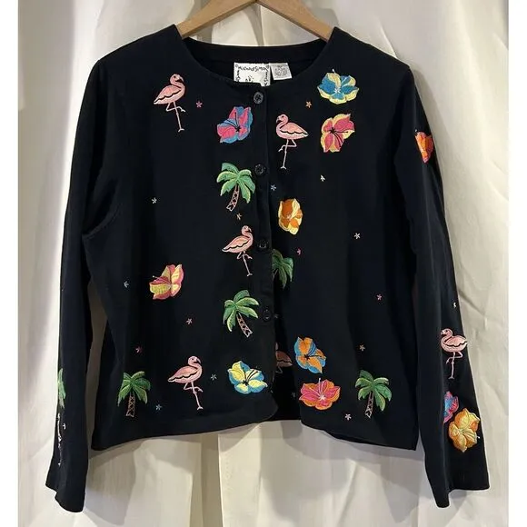 Michael Simon Sweater Womens XL Flamingo‎ Palm Tropical Embroidered Cardigan