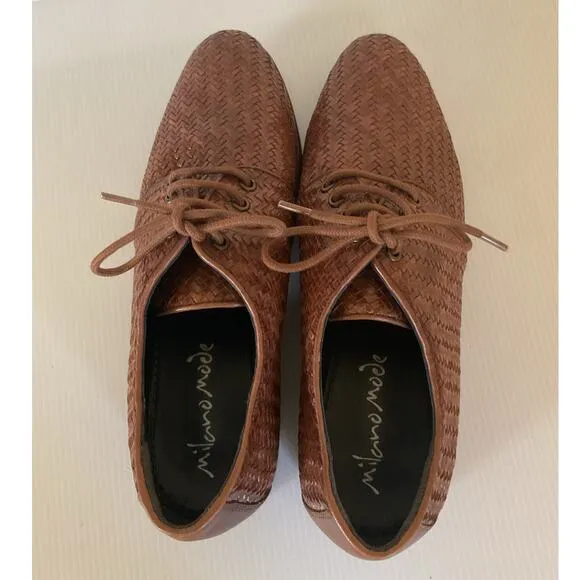 Milano Mode Italian Women's Woven Leather Oxford Shoes  Brown Sz EU 39 / 8.5 US