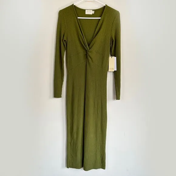 Nation LTD Los Angeles Phedra Dress Twisted Front V-Neck Long Sleeves Green XS