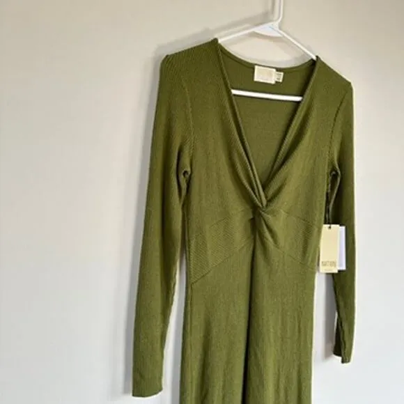 Nation LTD Los Angeles Phedra Dress Twisted Front V-Neck Long Sleeves Green XS