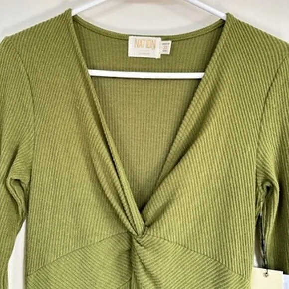 Nation LTD Los Angeles Phedra Dress Twisted Front V-Neck Long Sleeves Green XS