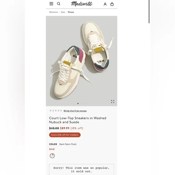 New in Box Madewell Court Low-Top Sneakers in Nubuck Size 9.5
