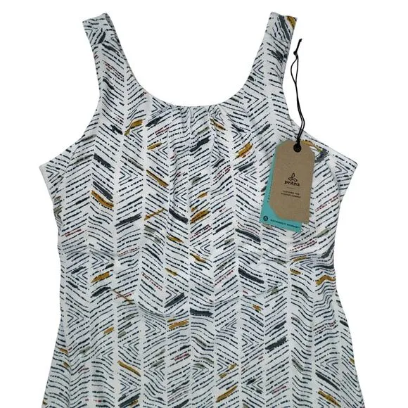 NEW PrAna Skypath Dress XL White w/Multicolor Pattern Knit Sleeveless Shelf Bra