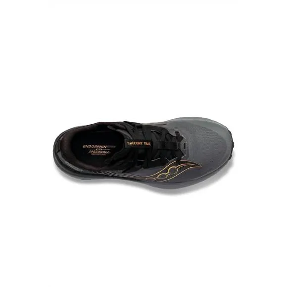 NEW SAUCONY men's endorphin edge trail running shoes in black/gold