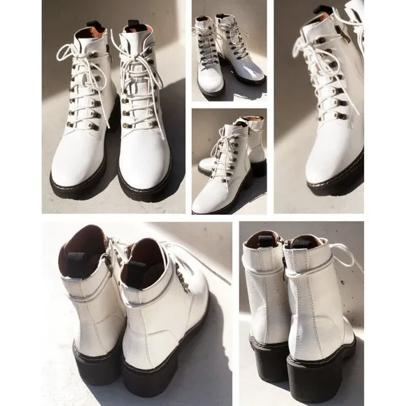 NEW White Faux Vegan Leather Laced Up Lug Sole Platform Ankle Combat Boots Shoes