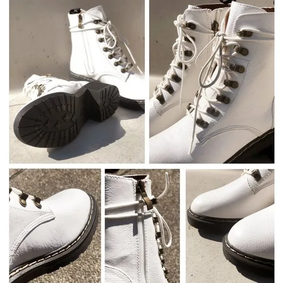 NEW White Faux Vegan Leather Laced Up Lug Sole Platform Ankle Combat Boots Shoes