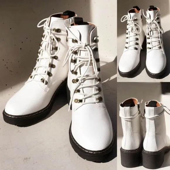 NEW White Faux Vegan Leather Laced Up Lug Sole Platform Ankle Combat Boots Shoes