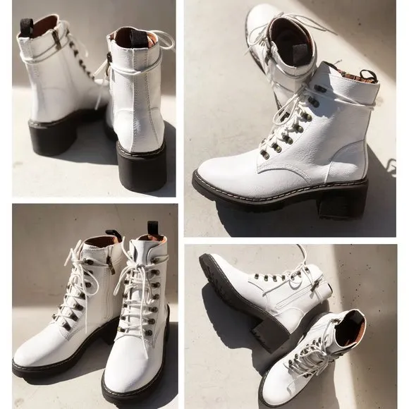 NEW White Faux Vegan Leather Laced Up Lug Sole Platform Ankle Combat Boots Shoes