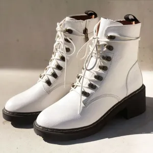 NEW White Faux Vegan Leather Laced Up Lug Sole Platform Ankle Combat Boots Shoes