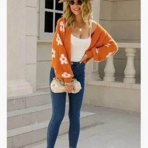 New Floral Knit Open Front Crop Cardigan