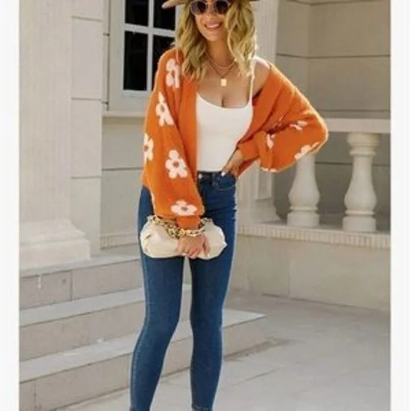 New Floral Knit Open Front Crop Cardigan