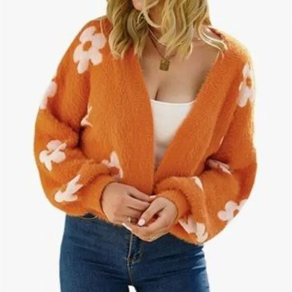 New Floral Knit Open Front Crop Cardigan