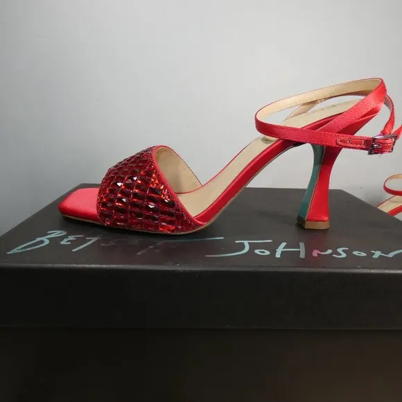 NiB SEXY SPARKLING Betsey Johnson Blue SB-Britt Heeled Sandal, Red, 8.5