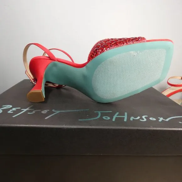 NiB SEXY SPARKLING Betsey Johnson Blue SB-Britt Heeled Sandal, Red, 8.5