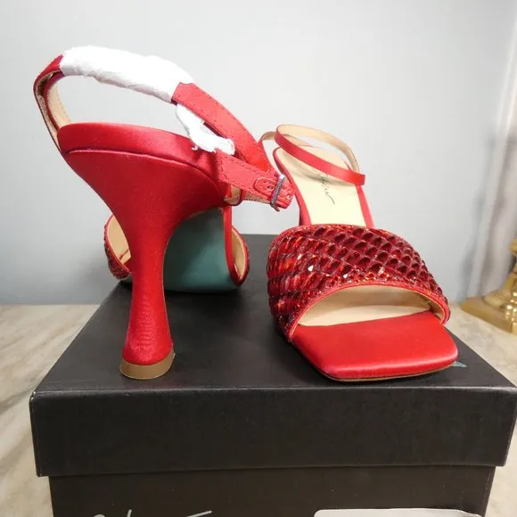 NiB SEXY SPARKLING Betsey Johnson Blue SB-Britt Heeled Sandal, Red, 8.5