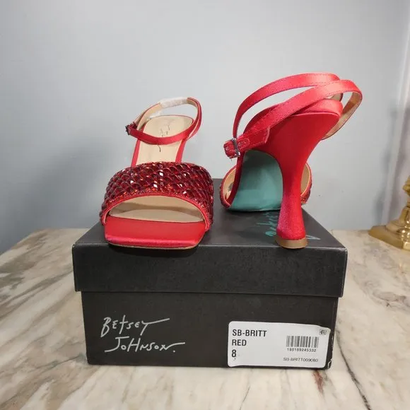 NiB SEXY SPARKLING Betsey Johnson Blue SB-Britt Heeled Sandal, Red, 8.5