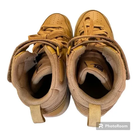 Nike Boys Court Borough Mid 2 Leather Sneakers Athletic Shoes Wheat Lt B…