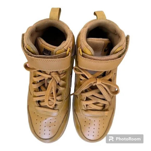 Nike Boys Court Borough Mid 2 Leather Sneakers Athletic Shoes Wheat Lt B…