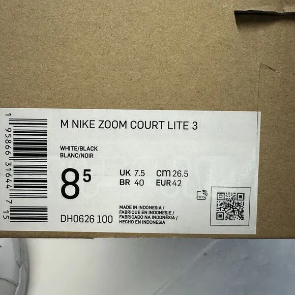 Nike Zoom Court Lite 3 Tennis Shoes Sneakers White Black DH0626100 Mens Size 8.5