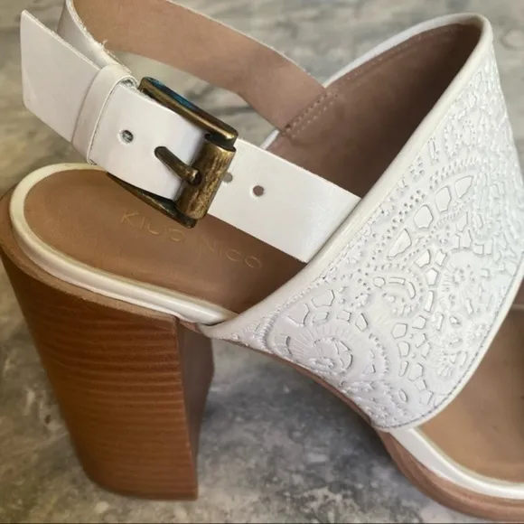 Nordstrom Klub Nico White Leather Wood Stacked Chunky Block High Heel Sandal