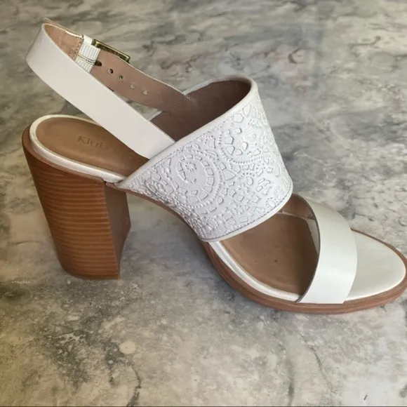 Nordstrom Klub Nico White Leather Wood Stacked Chunky Block High Heel Sandal