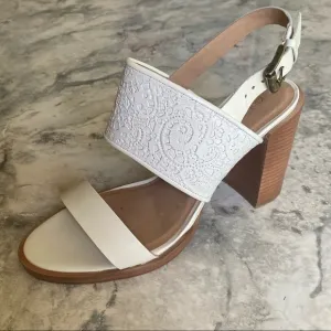 Nordstrom Klub Nico White Leather Wood Stacked Chunky Block High Heel Sandal