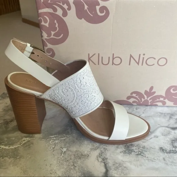 Nordstrom Klub Nico White Leather Wood Stacked Chunky Block High Heel Sandal