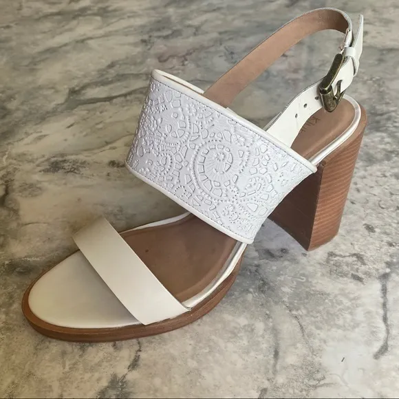 Nordstrom Klub Nico White Leather Wood Stacked Chunky Block High Heel Sandal